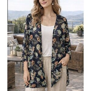 Meri Skye Sheer‎ Tropical Kimono Cardigan Women 1X Multicolor Black Made in USA